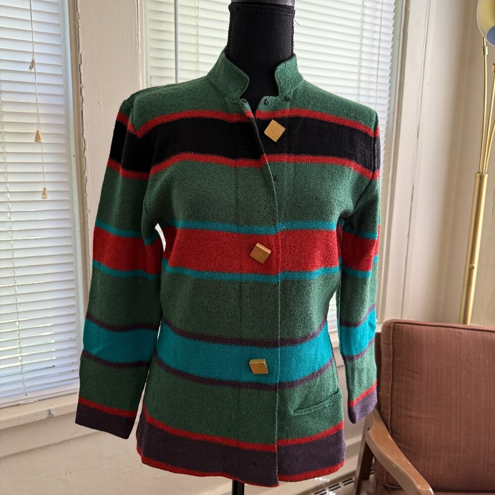 vintage steve fabricant mcm 80s wool neimans teal orange cardigan sweater